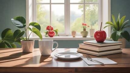 Fototapeta premium Wooden Table with Coffee Mug Plate and Stacked Books