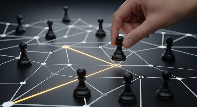 A hand selects a pawn on a complex network of interconnected black pawns on a dark background