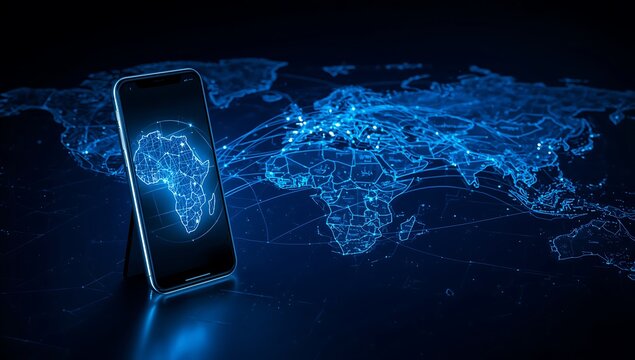Smartphone displaying digital map of africa over a glowing global network - Powered by Adobe