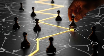 Obraz premium A strategic hand moves a chess piece on a complex network board game