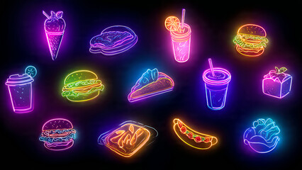 Vibrant neon food icons set for menu design and advertising