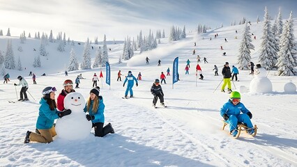 Skiers and Families Building Snowman on Busy Mountain Slope
