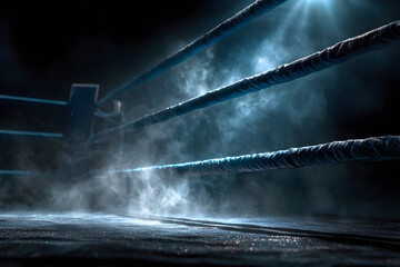 blue boxing ring on dark background with smoke