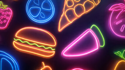 Vibrant neon food icons on dark background for menu design