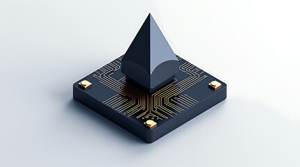 Isometric digital illustration of stylized pyramid on circuit board symbolizing blockchain and cryptocurrency innovation and futuristic technology