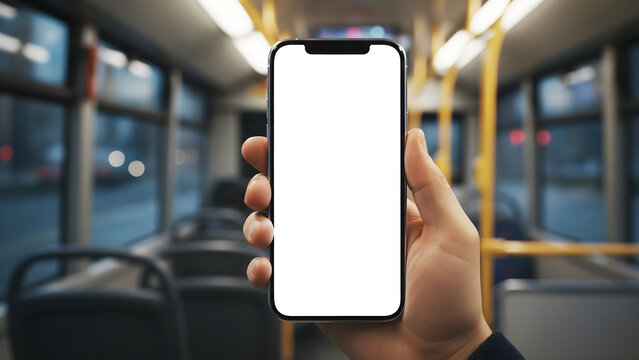 Hand holding mobile phone with blank white screen mockup in public transport bus interior at night with bokeh city lights for app presentation, website promotion, digital technology copy space area.
