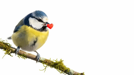 Blue Tit Bird Perched on a Mossy Branch Holding a Red Berry. © raja
