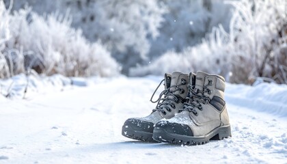 Winter boots, lightly dusted with snow, sit on a snowy path. Frosty foliage lines the trail