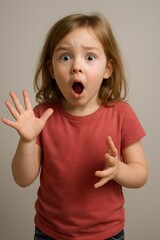 Young girl with wide eyes and open mouth reacting with astonishment and surprise in a studio for a childhood wonder concept