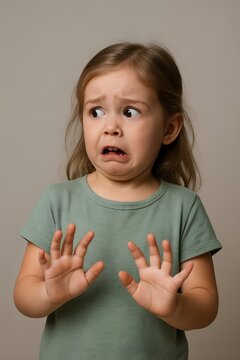Little girl with a terrified expression raising hands in a stop gesture against a plain background for childhood fear concept and aversion