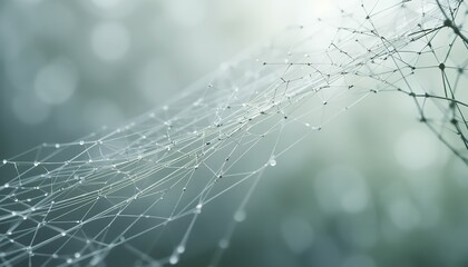 Ethereal network of connected nodes and droplets in soft bokeh background