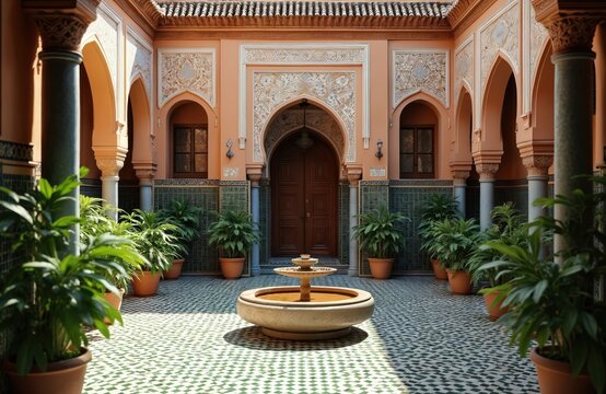 Traditional riad courtyard with ornate mosaic tiles and a central fountain. Green plants in terracotta pots line the archways of this Moroccan interior space.