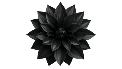 A digital illustration of a dark, stylized dahlia flower in grayscale, on a black background