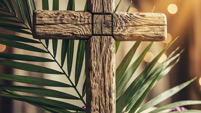 A rustic wooden cross stands prominently, its weathered texture and natural grain visible, symbolizing enduring faith and spiritual reflection. Lush green palm fronds gracefully frame the cross, creat
