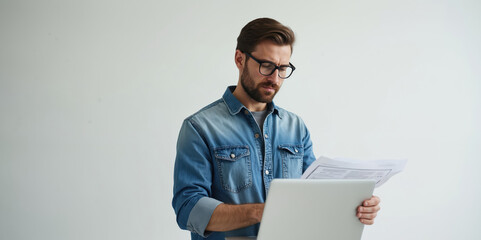 Man wearing glasses and denim shirt reviews papers near laptop. Young businessman works on digital report and analyzes data. Confident male analyzes business document in studio.