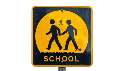 A weathered yellow sign, black border, depicting two figures walking, and the word "SCHOOL.
