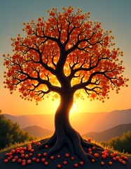 In a vibrant garden at dusk, a majestic tree stands tall, its branches loaded with bright, ripe fruit. The sun sets behind distant mountains, casting a warm glow across the scene Generative AI