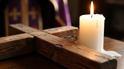 A serene and contemplative close-up shot features a rustic wooden cross positioned alongside a gently flickering white candle, its warm flame casting a soft glow. Melted wax drips down the side of the