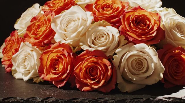 Floral Symphony: A captivating ensemble of radiant roses in vibrant orange and creamy white blooms, artfully arranged to create a striking display of nature's beauty and elegance.