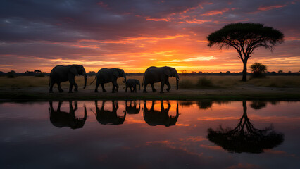 Elephant family walking towards vibrant sunset with reflections in water