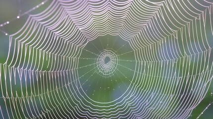 Intricate morning spider web with dewdrops highlighting radial silk geometry