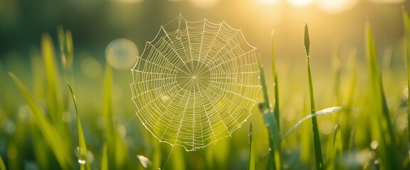 Morning dewy spiderweb suspended between grass blades bathed in golden sunlight