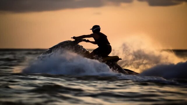 Person riding jet ski at sunset.