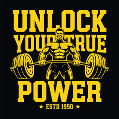 Bold gym motivation quote unlock your true power with muscular man