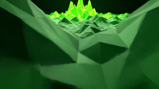Abstract Green Polygonal Landscape with Contrasting Light and Shadows in Dark Environment