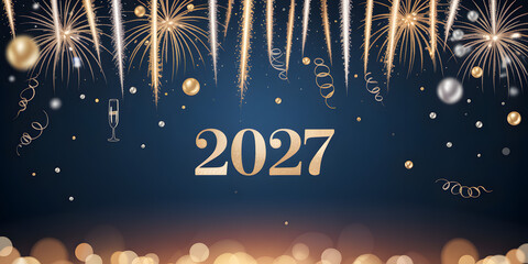 Celebrate New Year's Eve 2027 with Sparkling Fireworks and Champagne in Golden Vector Illustration