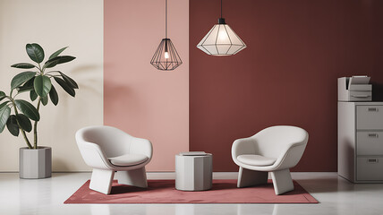 Modern living room with white chairs, hanging lanterns, minimalist design, red rug, pink and brown color scheme, potted plant, printer and storage unit, stylish cozy interior with contemporary decor