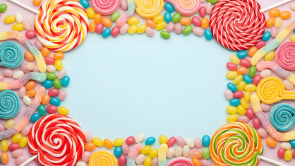 Vibrant assortment of sweet treats and colorful candies forming an inviting frame on a pastel blue background, perfect for fun designs and celebratory themes