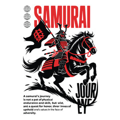 Historical Japanese samurai on horseback with battle flag illustration
