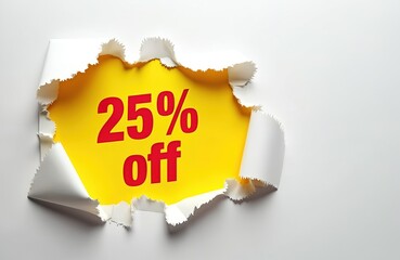 Torn paper reveals bright yellow background with red text saying 25 percent off. This special deal symbolizes savings and bargain opportunities for shoppers. Great for retail promotions and sales.