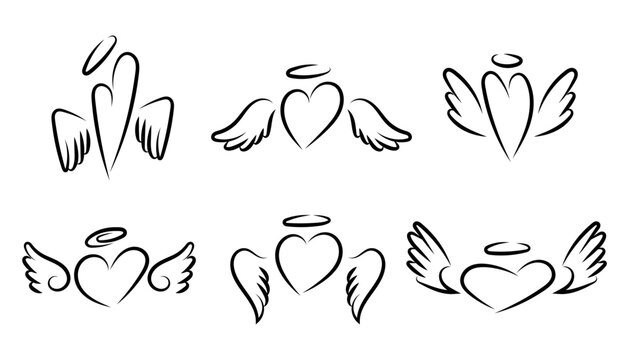Romantic symbol love. Set hearts with halo and angel wings. Icons collection. Black and white heart line drawing.