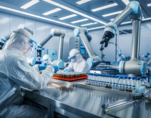 Pharmaceutical Cleanroom Technicians Working with Precision Instruments
