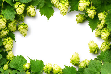 green hop flowers and leaves framed, isolated on a transparent background