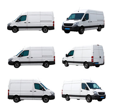 Sleek White Delivery Van Design with Various Angles and Views, Isolated on Transparent Background