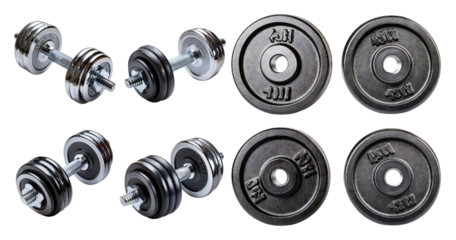 Various Dumbbells and Weight Plates for Fitness and Strength Training, isolated on transparent background