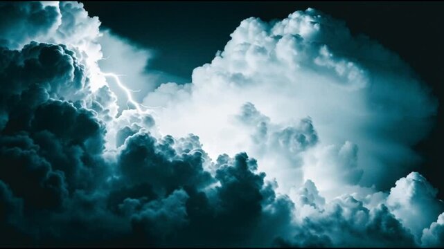 Dramatic dark stormy clouds with lightning illuminated by a bright flash of electricity in a moody atmosphere suitable for ominous weather forecasts or cinematic projects.