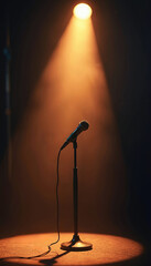 Obraz premium Lone microphone stands on stage under dramatic orange spotlight. Dark background, atmospheric smoke create intense mood for performance speech. Image evokes anticipation, focus on speaker singer