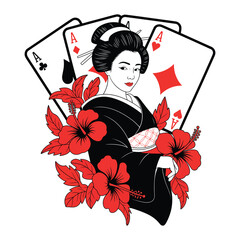 Beautiful geisha with ace playing cards and red hibiscus flowers vector