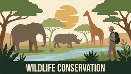 African wildlife conservation landscape with elephant, rhino, giraffe, and ranger © Tahphoto