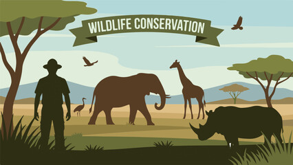 Wildlife Conservation Illustration with Safari Animals and Conservationist
