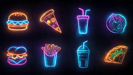 Vibrant neon food icons including burgers, pizza, fries, and drinks