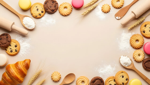 Delicious flat lay of assorted baked goods including cookies, macarons, and a croissant, framed by flour and baking tools on a light background