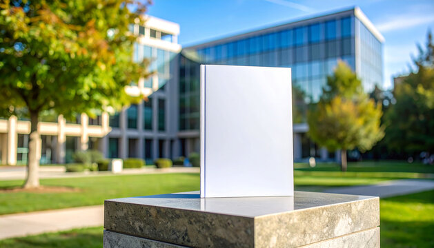 Modern office building exterior with blank white sign on stone pedestal in foreground