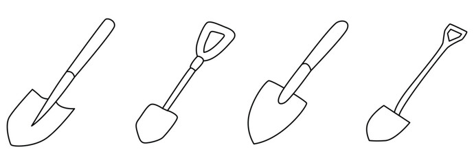 Shovel Icon Collection &ndash; Farming and Gardening Digging Tools in Line Art, Flat and Black Silhouette Style
