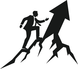 Man climbing an arrow shaped mountain representing success