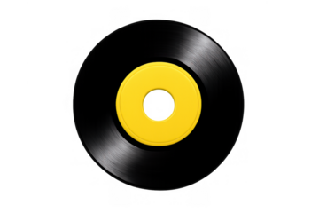Black 45 rpm vinyl record with yellow label transmitting retro sound and nostalgic music on transparent background